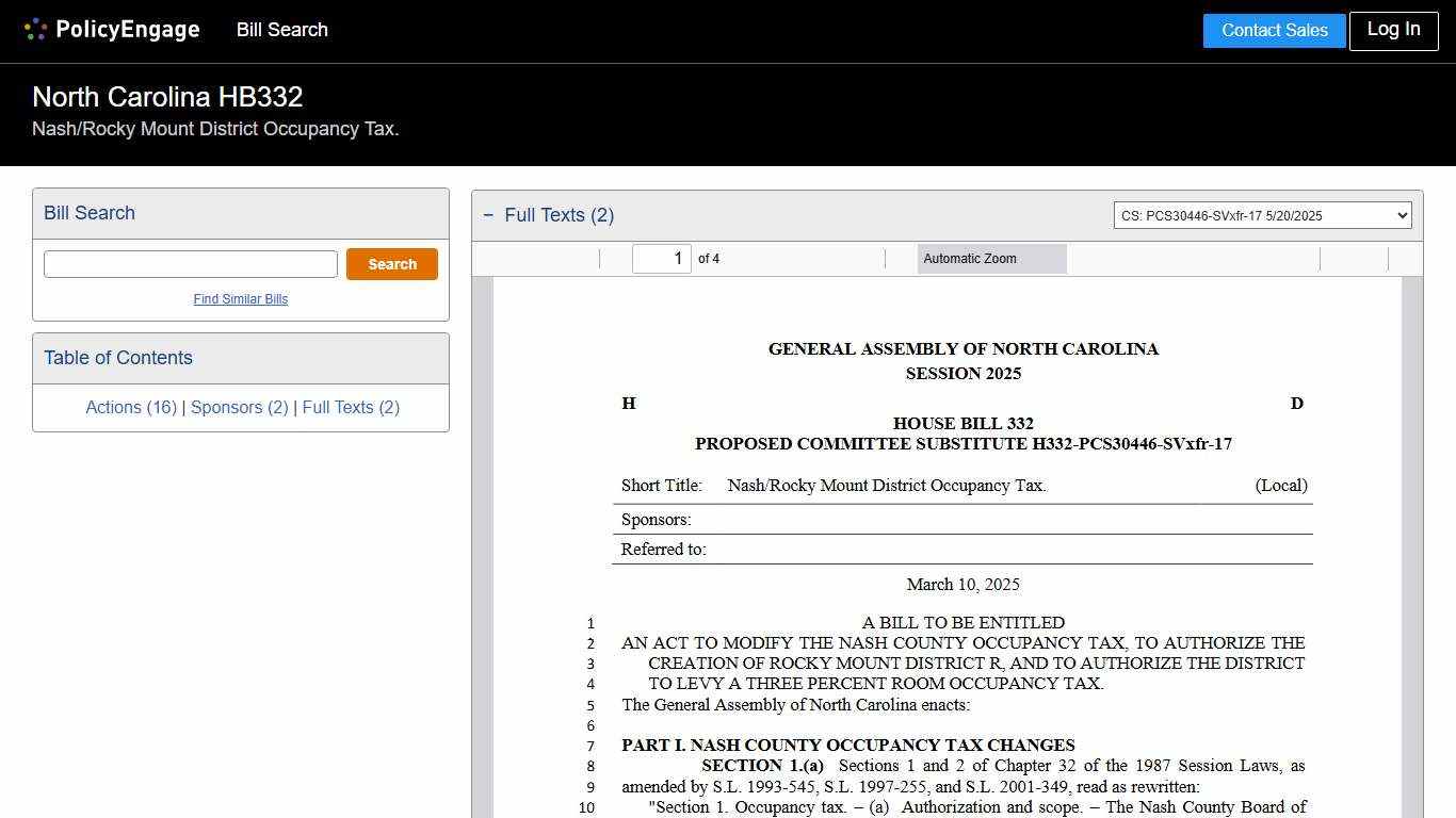 HB332 North Carolina 2025-2026 Nash/Rocky Mount District Occupancy Tax. - Legislative Tracking PolicyEngage